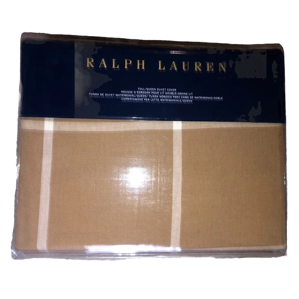 Ralph Lauren Duvet Cover Full/Queen Windowpane Camel Cream Modern Equestrian NEW